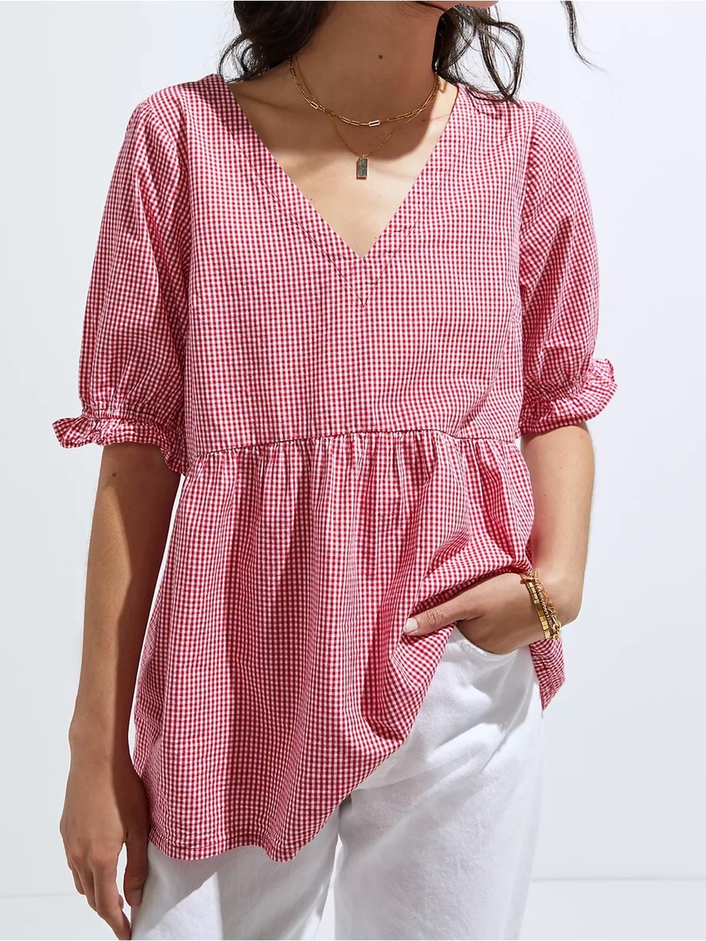 Maeve Anthropologie Gingham Tunic Blouse S Red White Peplum Cottagecore Peasant